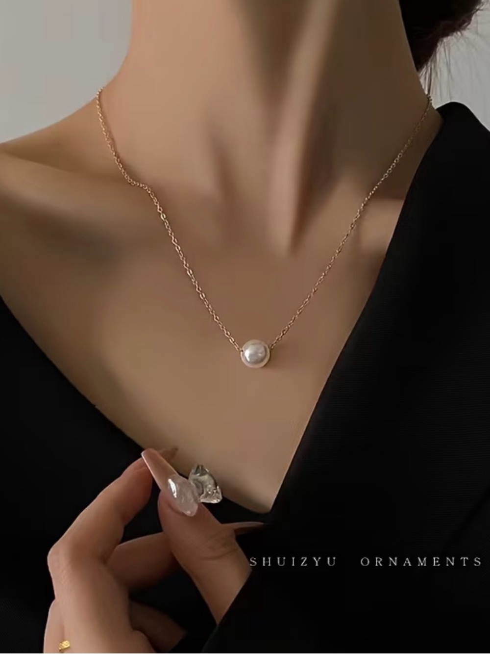Gold Chain Necklace with Single White Pearl Pendant